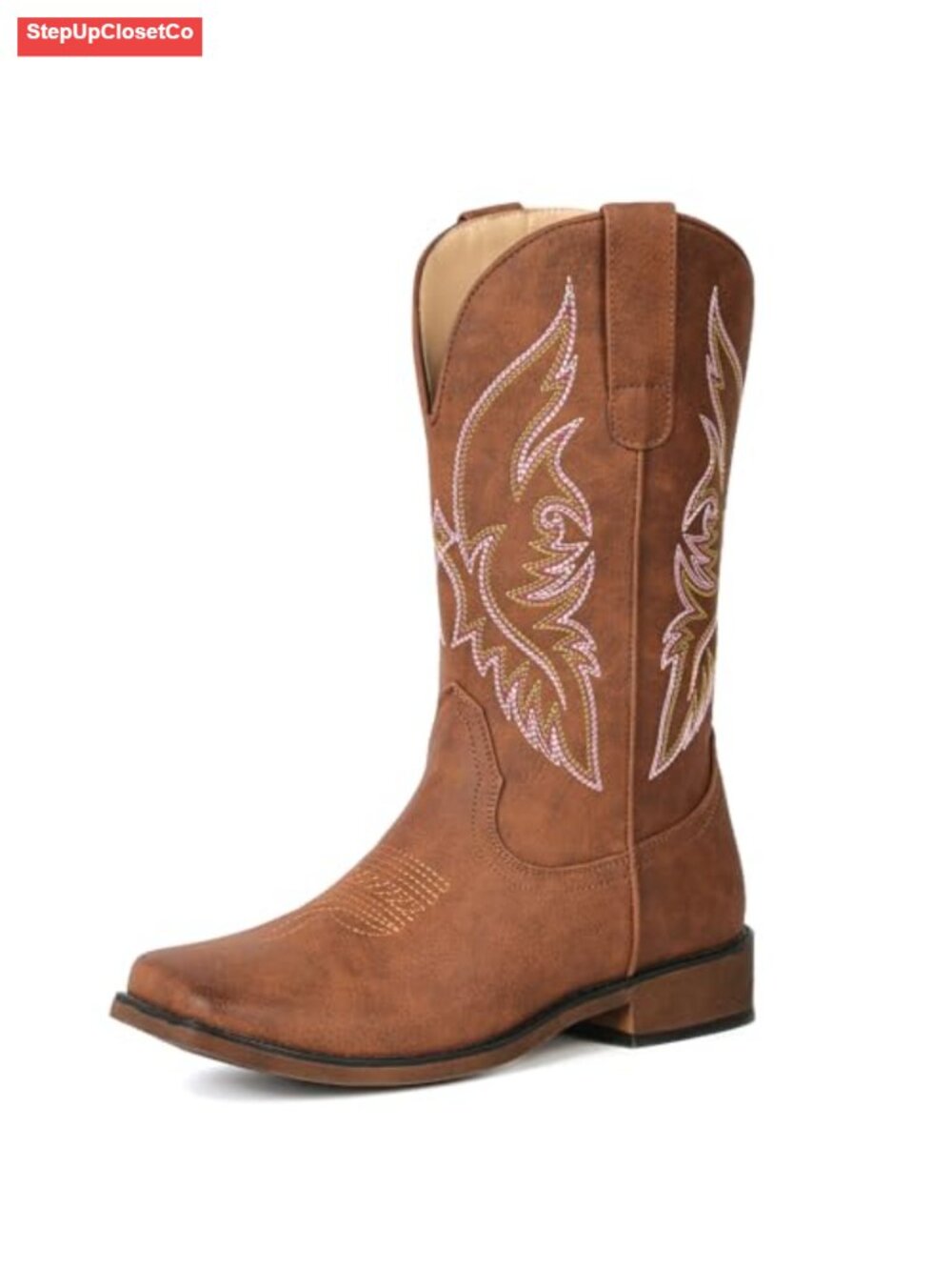 Embroidered Square Toe Western Cowboy Boots Mid-Calf Pull-On